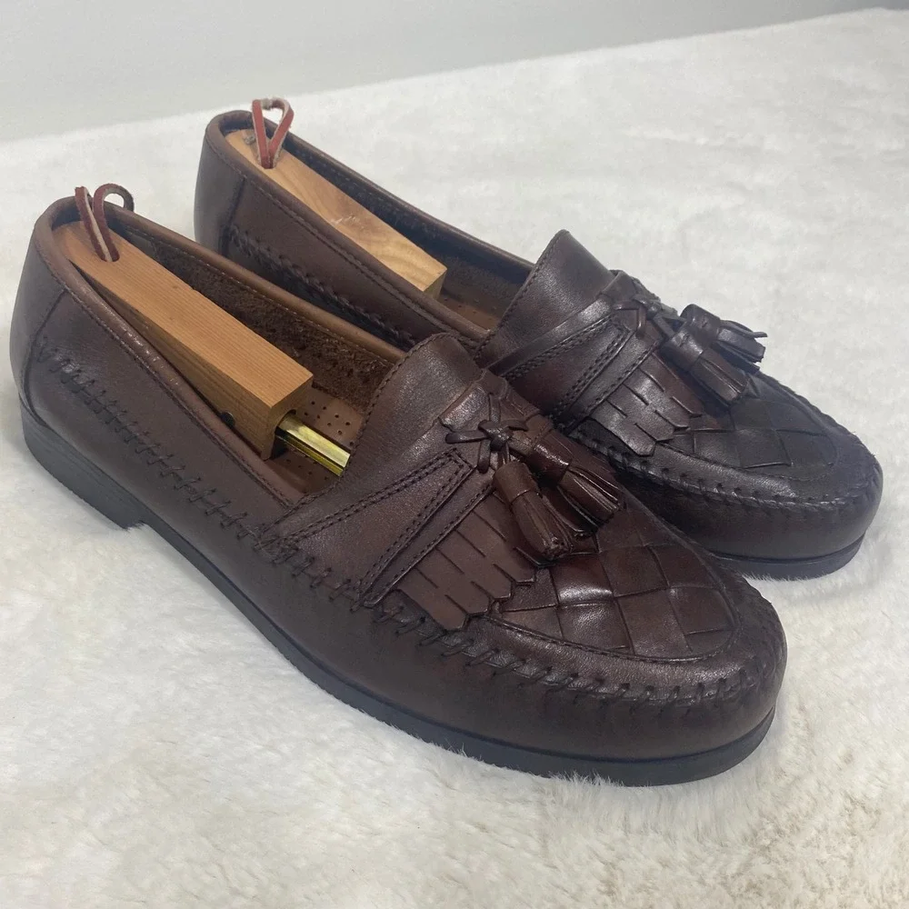Giorgio‎ Brutini Mens 9.5 Brown Leather Woven Tassel Loafers Dress Shoes Preppy